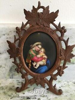 Antique Porcelain Hand Painted Madonna and Child In Hand Carved Frame Germany