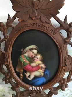 Antique Porcelain Hand Painted Madonna and Child In Hand Carved Frame Germany