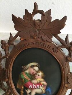 Antique Porcelain Hand Painted Madonna and Child In Hand Carved Frame Germany