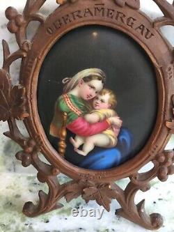 Antique Porcelain Hand Painted Madonna and Child In Hand Carved Frame Germany