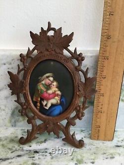 Antique Porcelain Hand Painted Madonna and Child In Hand Carved Frame Germany