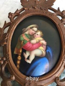 Antique Porcelain Hand Painted Madonna and Child In Hand Carved Frame Germany