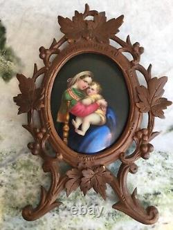 Antique Porcelain Hand Painted Madonna and Child In Hand Carved Frame Germany