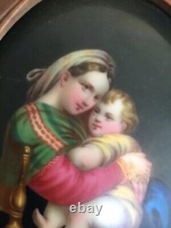 Antique Porcelain Hand Painted Madonna and Child In Hand Carved Frame Germany