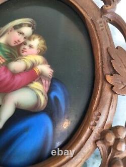 Antique Porcelain Hand Painted Madonna and Child In Hand Carved Frame Germany