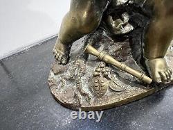 Antique Solid Cast Brass Cherub Putti Child Musician 1800s Fine Detail