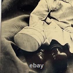 Antique Tintype Photograph Adorable Baby With Basket Spooky Hidden Mother