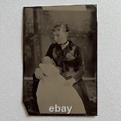 Antique Tintype Photograph Post Mortem Baby & Beautiful Young Somber Mother