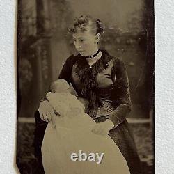 Antique Tintype Photograph Post Mortem Baby & Beautiful Young Somber Mother