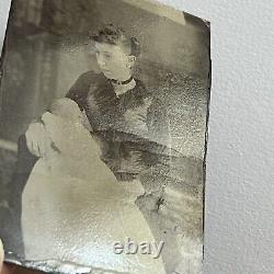 Antique Tintype Photograph Post Mortem Baby & Beautiful Young Somber Mother