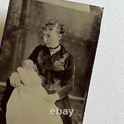 Antique Tintype Photograph Post Mortem Baby & Beautiful Young Somber Mother
