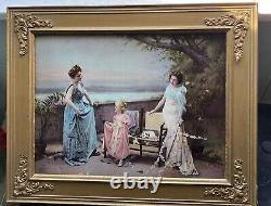 Antique Ullman Victorian Color Print Woman Child Balcony Water Framed