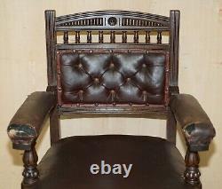 Antique Victorian Aesthetic Movement Style Leather Armchair For Restoration