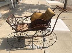Antique Victorian Baby Carriage Pram Wicker Wood & Iron NO Parasol