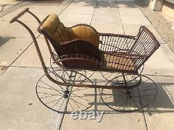 Antique Victorian Baby Carriage Pram Wicker Wood & Iron NO Parasol