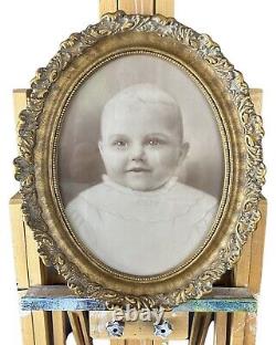 Antique Victorian Baby Portrait in Ornate Baroque Gold Gilded Portrait Frame