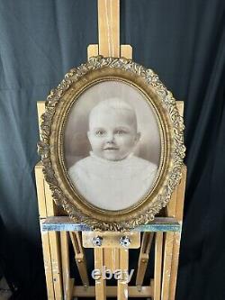 Antique Victorian Baby Portrait in Ornate Baroque Gold Gilded Portrait Frame
