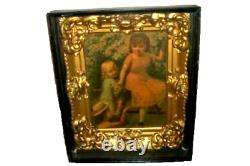 Antique Victorian Baroque Shadow Box Frame Children Lithograph Old Wavy Glass