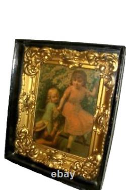Antique Victorian Baroque Shadow Box Frame Children Lithograph Old Wavy Glass