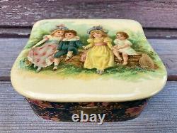 Antique Victorian Celluloid Vanity Jewelry Dresser Box Children On Log