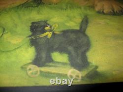 Antique Victorian Child Girl Saint Dog Cat Pull Toy Art Print Wood Glass Frame