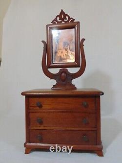 Antique Victorian Child's Dollhouse Furniture Walnut Chest and Mirror