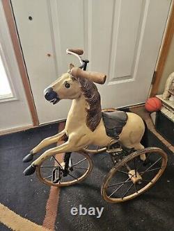 Antique Victorian Child's Hand Carved Wooden Horse Pedal Tricycle