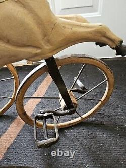 Antique Victorian Child's Hand Carved Wooden Horse Pedal Tricycle
