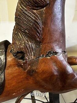 Antique Victorian Child's Hand Tooled Carved Wooden Horse Pedal Tricycle READ