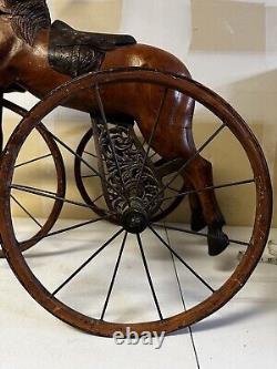 Antique Victorian Child's Hand Tooled Carved Wooden Horse Pedal Tricycle READ
