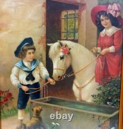 Antique Victorian Children Boy & Girl on Pony Horse Framed Print Picture Germany