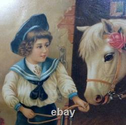 Antique Victorian Children Boy & Girl on Pony Horse Framed Print Picture Germany