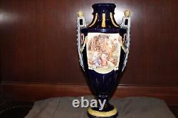 Antique Victorian Cobalt Blue Porcelain Dbl Handled Vase 12 3/4 inches Tall