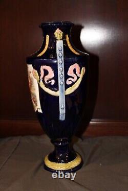 Antique Victorian Cobalt Blue Porcelain Dbl Handled Vase 12 3/4 inches Tall