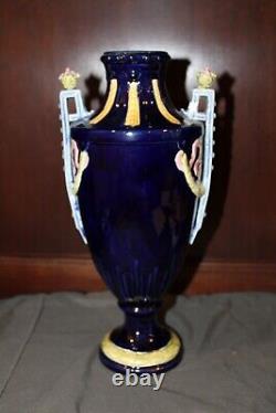 Antique Victorian Cobalt Blue Porcelain Dbl Handled Vase 12 3/4 inches Tall