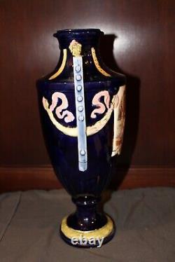 Antique Victorian Cobalt Blue Porcelain Dbl Handled Vase 12 3/4 inches Tall