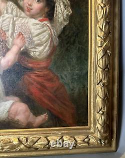 Antique Victorian Continental Gilt Framed Genre Scene Oil Painting Maiden Child