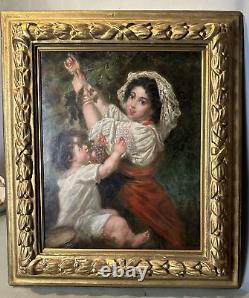 Antique Victorian Continental Gilt Framed Genre Scene Oil Painting Maiden Child