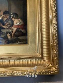 Antique Victorian Gilt Framed Genre Oil Painting Of Kids Playing Dice