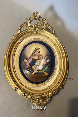 Antique Victorian Gilt Framed Porcelain Portrait Plaque of Madonna & Child