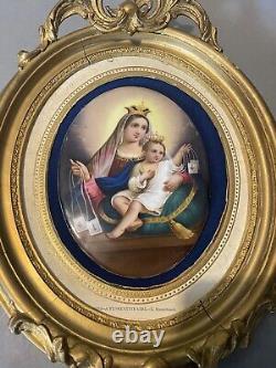 Antique Victorian Gilt Framed Porcelain Portrait Plaque of Madonna & Child