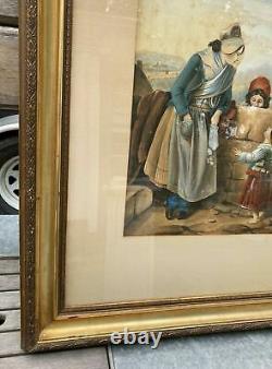 Antique Victorian Gilt Framed Watercolor Painting Mother With Children Seaside