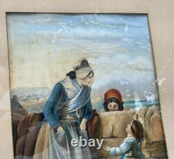 Antique Victorian Gilt Framed Watercolor Painting Mother With Children Seaside