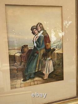 Antique Victorian Gilt Framed Watercolor Painting Mother With Children Sitting