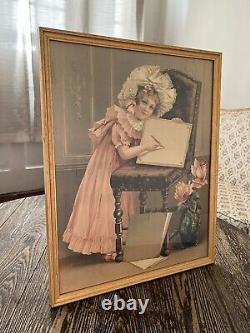 Antique Victorian Girl Child Writing Letter Floral Framed Picture Print Germany