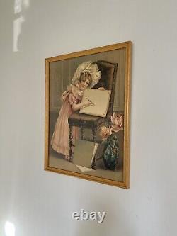 Antique Victorian Girl Child Writing Letter Floral Framed Picture Print Germany