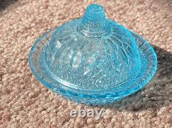 Antique Victorian Glass Childs Doll Aqua Blue Miniature Butter Dish Thimble Top
