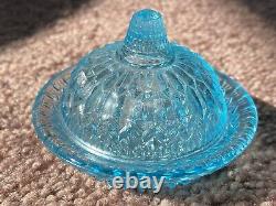 Antique Victorian Glass Childs Doll Aqua Blue Miniature Butter Dish Thimble Top