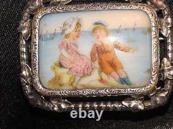Antique Victorian Hand Paint Cameo Portrait Brooch Children Landscape Sterling