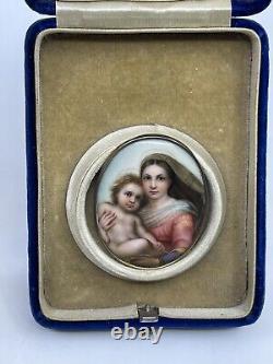 Antique Victorian Hand Painted Porcelain Brooch Sistine Madonna & Child RARE